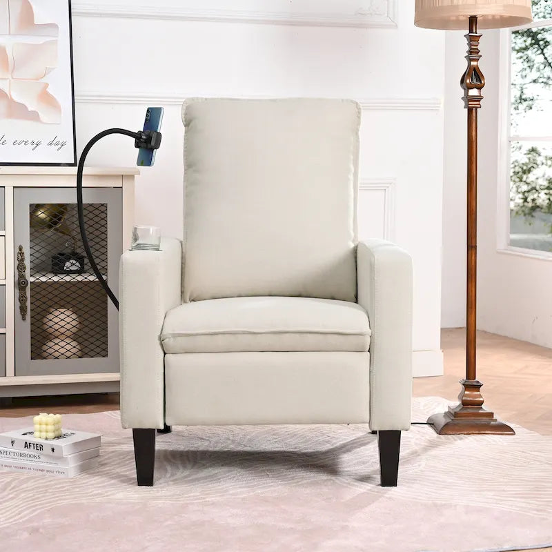 Fauteuil inclinable manuel en tissu moderne avec support de téléphone, porte-gobelet, repose-pieds