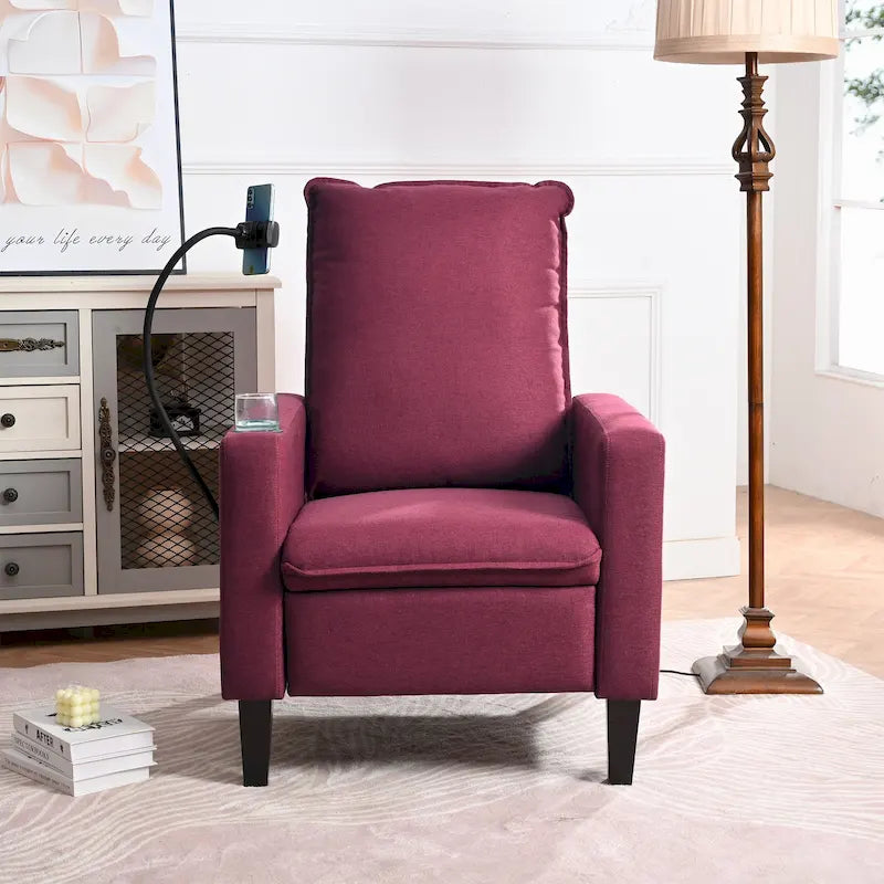 Fauteuil inclinable manuel en tissu moderne avec support de téléphone, porte-gobelet, repose-pieds