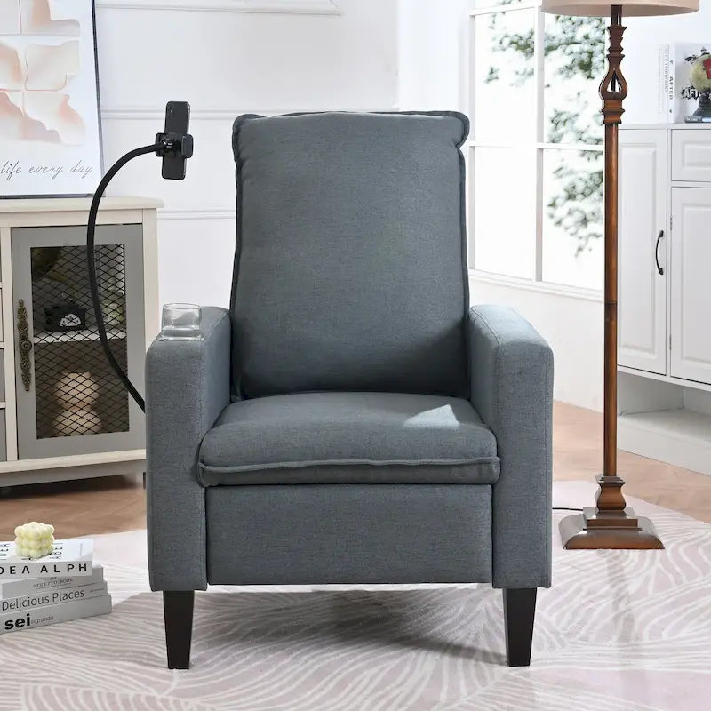 Fauteuil inclinable manuel en tissu moderne avec support de téléphone, porte-gobelet, repose-pieds