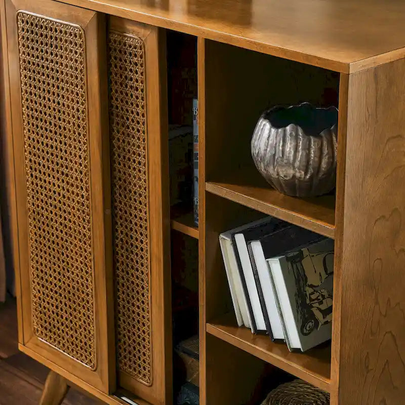 Mid Century Modern Rattan Sideboard Cabinet, Buffet Cabinet, Adjustable Shelf & Solid Wood Feet & Rattan Cabinet Doors