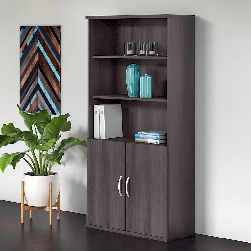 5-Shelf Bookcase with Doors for Home Office and Living Room Storage