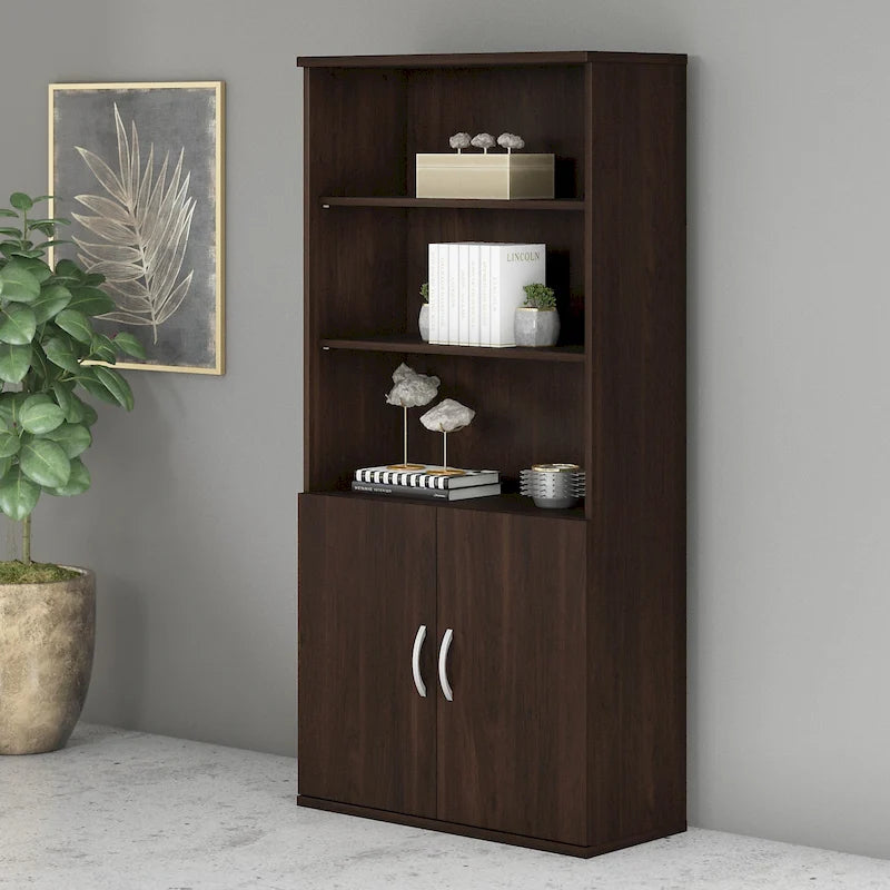 5-Shelf Bookcase with Doors for Home Office and Living Room Storage