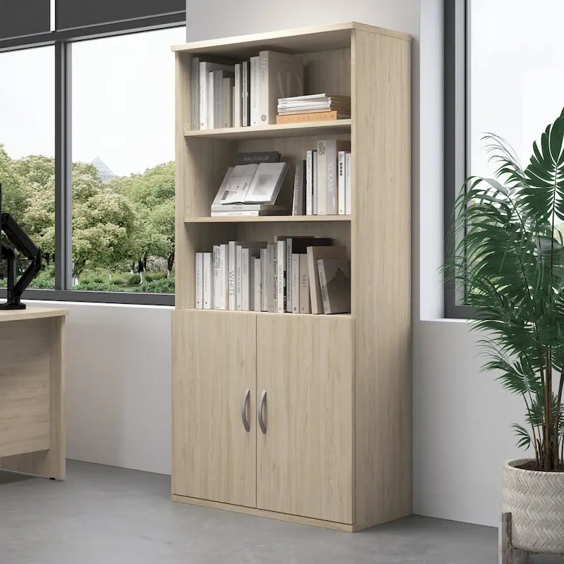 5-Shelf Bookcase with Doors for Home Office and Living Room Storage