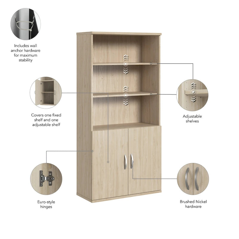 5-Shelf Bookcase with Doors for Home Office and Living Room Storage