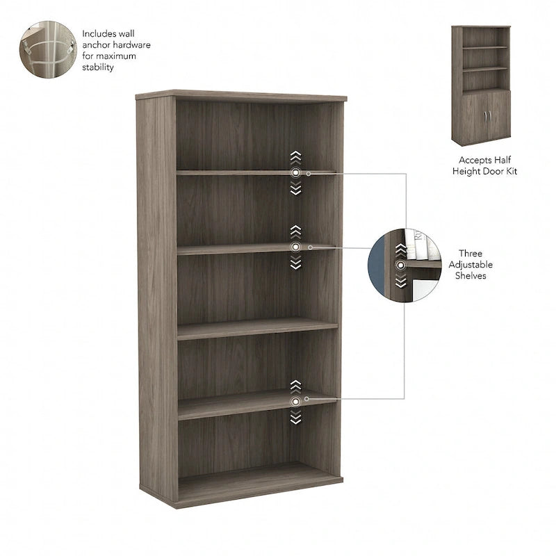 5-Shelf Bookcase with Doors for Home Office and Living Room Storage
