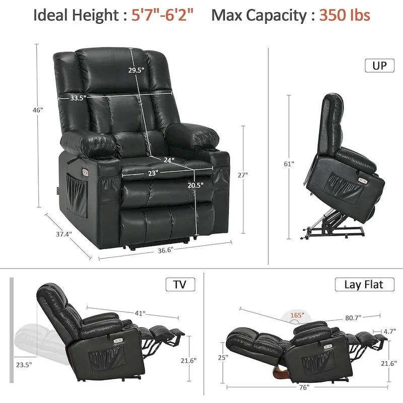 Large Dual Motor Power Lift Recliner with Massage, Heat & Faux Leather