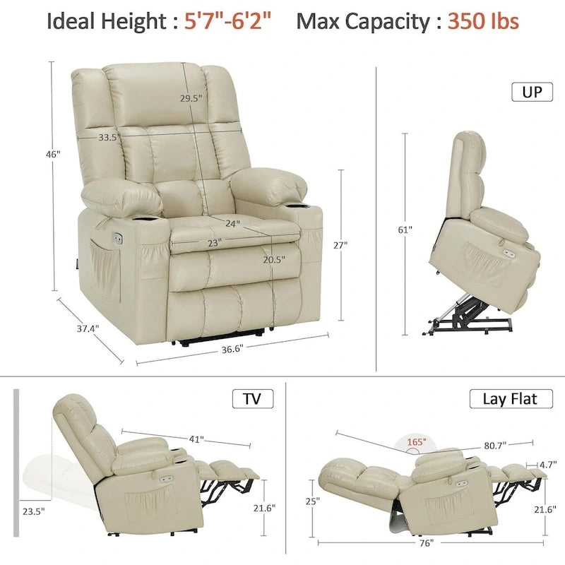 Large Dual Motor Power Lift Recliner with Massage, Heat & Faux Leather