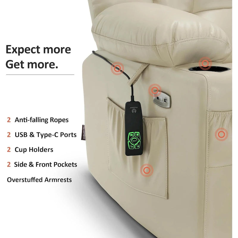 Large Dual Motor Power Lift Recliner with Massage, Heat & Faux Leather