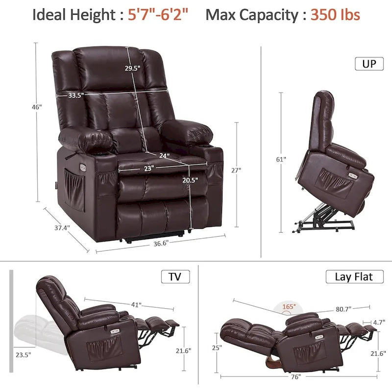 Large Dual Motor Power Lift Recliner with Massage, Heat & Faux Leather