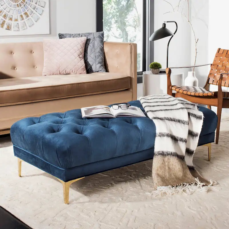 Navy and Brass Tufted Rectangular Upholstered Bench 54x27x16