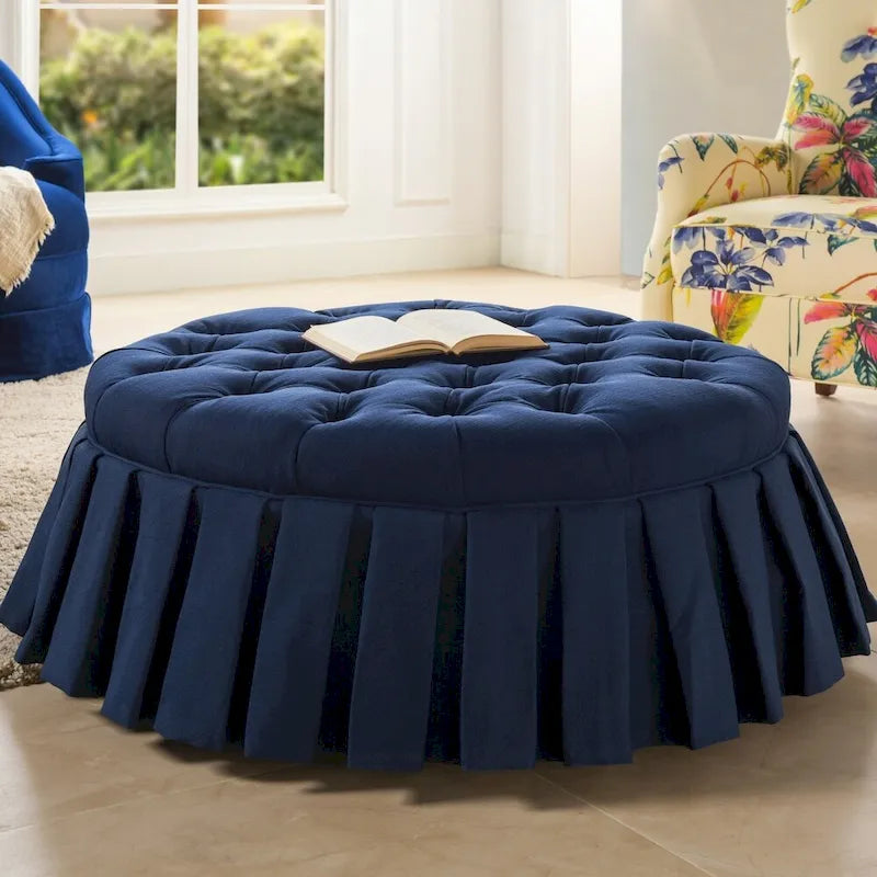 Tufted Cocktail Ottoman with Pleated Skirt for Living Room