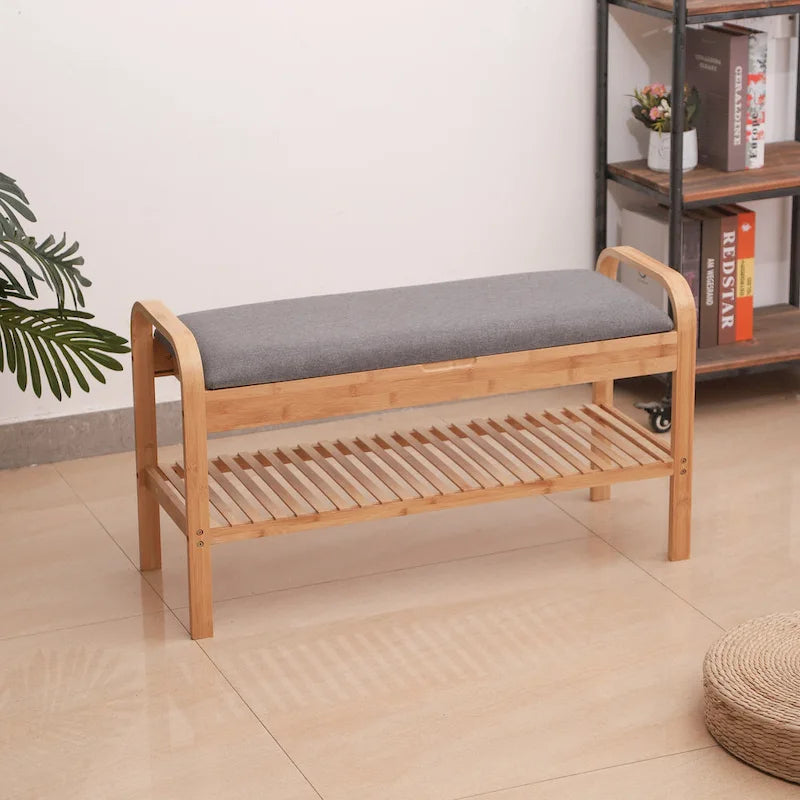 Natural Bamboo Shoe Bench 35.5x13x20 for Entryway and Hallway