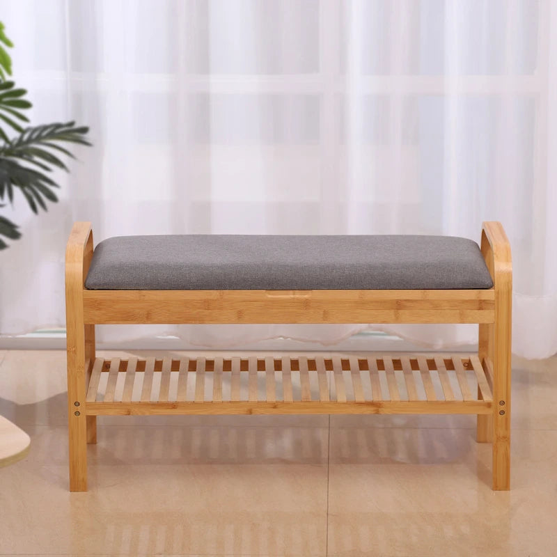Natural Bamboo Shoe Bench 35.5x13x20 for Entryway and Hallway