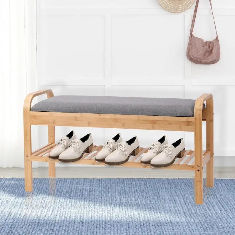 Natural Bamboo Shoe Bench 35.5x13x20 for Entryway and Hallway