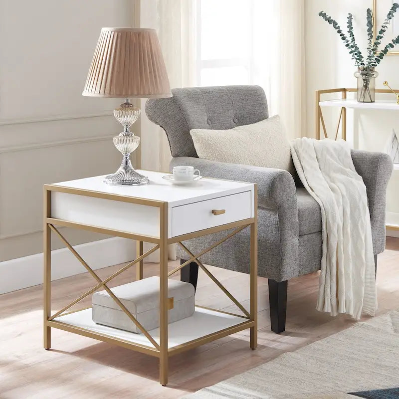 Mixed Metal and Wood Drawer End Table with Open Shelf