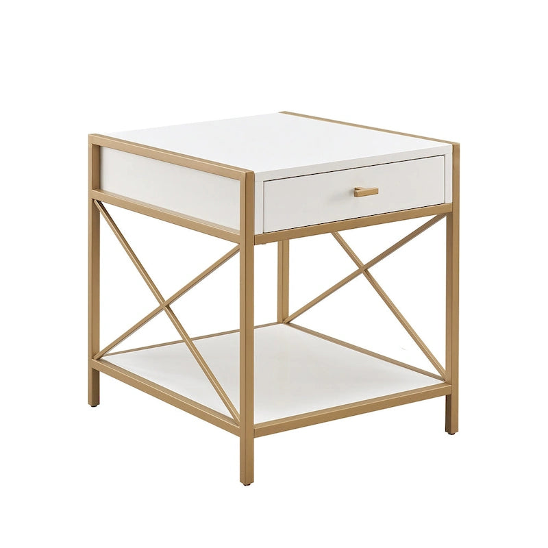 Mixed Metal and Wood Drawer End Table with Open Shelf
