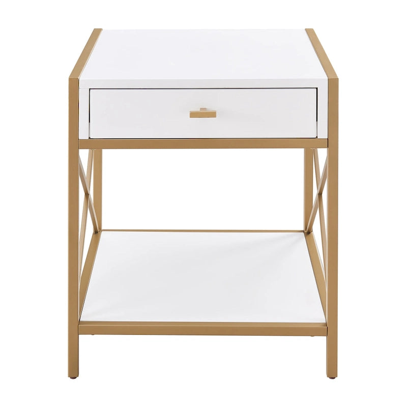 Mixed Metal and Wood Drawer End Table with Open Shelf