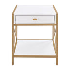 Mixed Metal and Wood Drawer End Table with Open Shelf