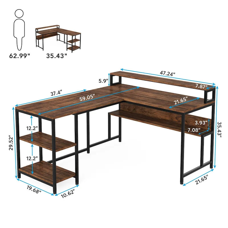 59 Corner L Shaped Desk with Monitor Stand and Storage Shelf,Reversible Large Workstation Desk Furniture for Home Office