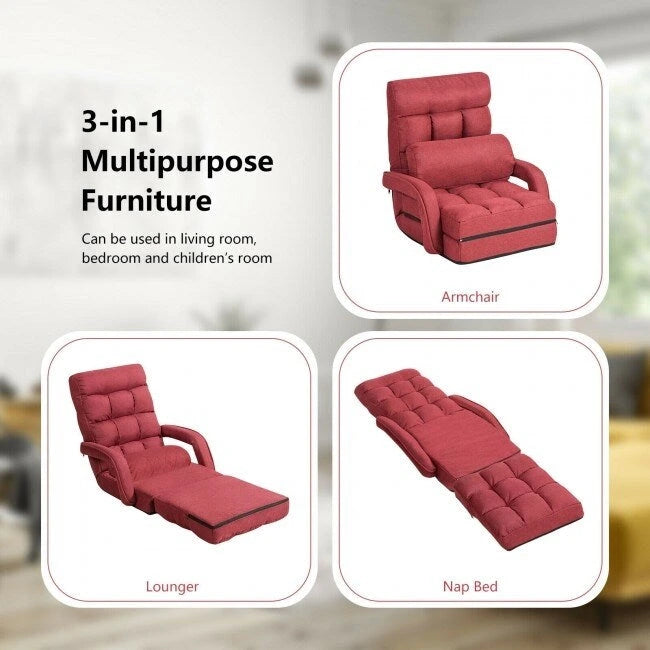 Folding Lazy Floor Chair Sofa with Armrests and Pillow-Red - 22 x 26 x 29 (L x W x H)