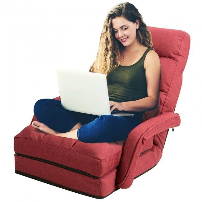 Folding Lazy Floor Chair Sofa with Armrests and Pillow-Red - 22 x 26 x 29 (L x W x H)
