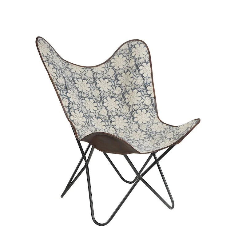37 Blue and White Floral Faux Leather Sling-Style Butterfly Chair