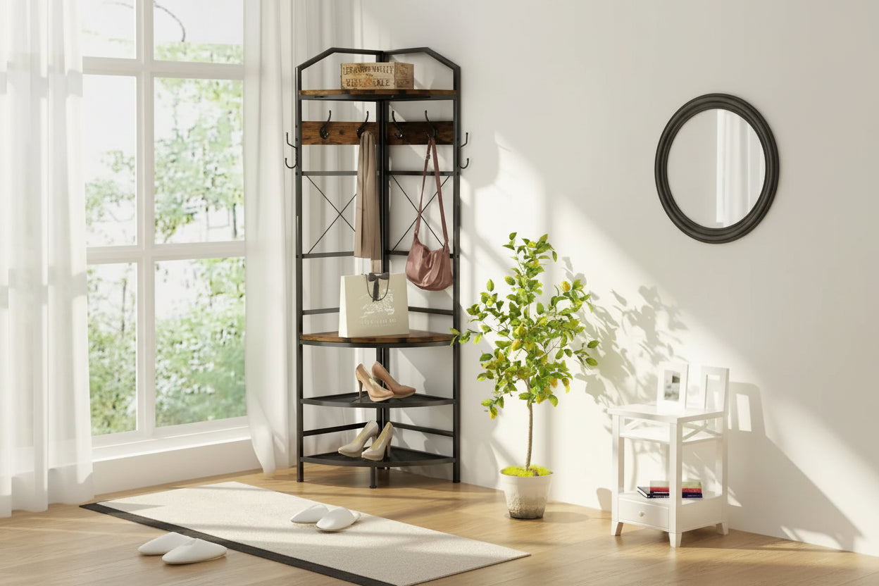 Entryway Corner Hall Tree with Shoe Rack, Coat Rack with 6 Double Hooks, Home Organizer for Entryway, Hallway, Closet, Bedroom
