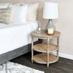 Round Mango Wood Table with 2 Cane Shelves