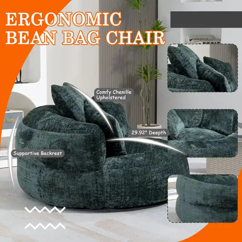 Chenille Upholstered High Back Bean Bag Lounger Chair for Adults