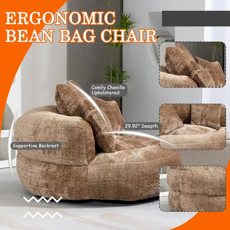Chenille Upholstered High Back Bean Bag Lounger Chair for Adults