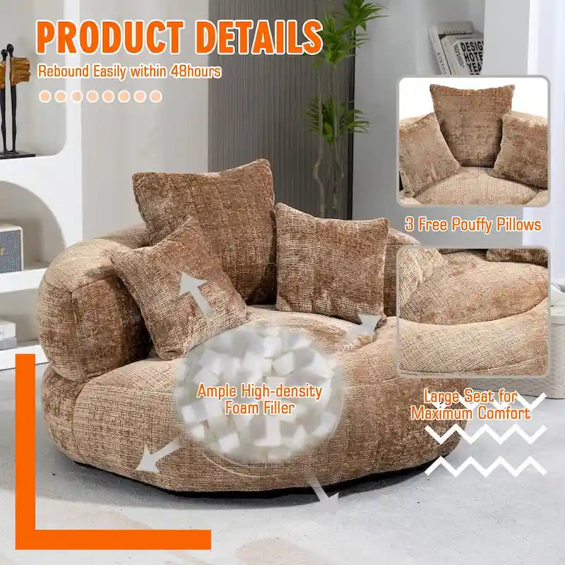 Chenille Upholstered High Back Bean Bag Lounger Chair for Adults