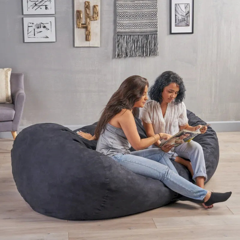 8-Foot Cylindrical Suede Bean Bag Chair in Black for Adults