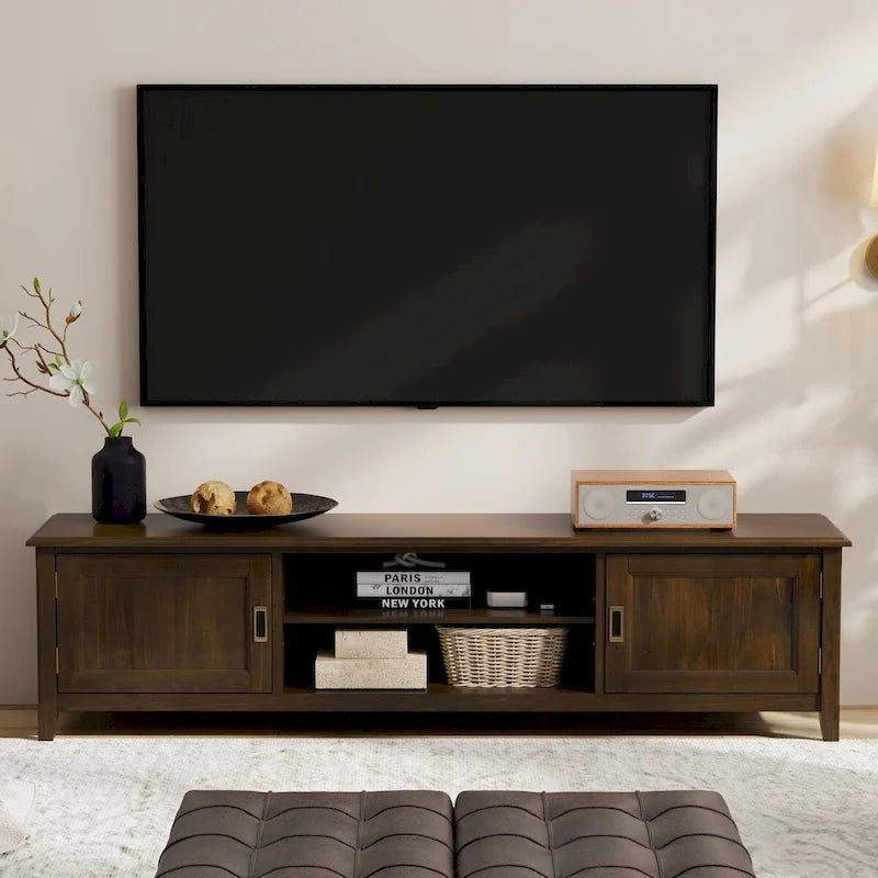 Solid Wood 72-Inch Transitional TV Media Stand in Mahogany Brown for 80" TVs