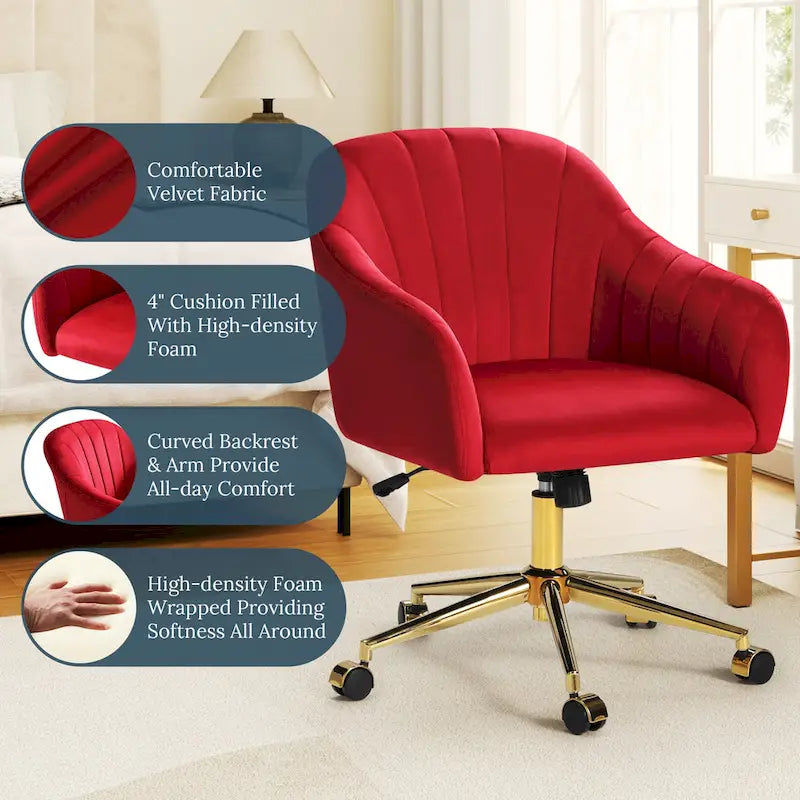 Velvet Tufted Swivel Vanity Chair with Adjustable Height and Gold Base