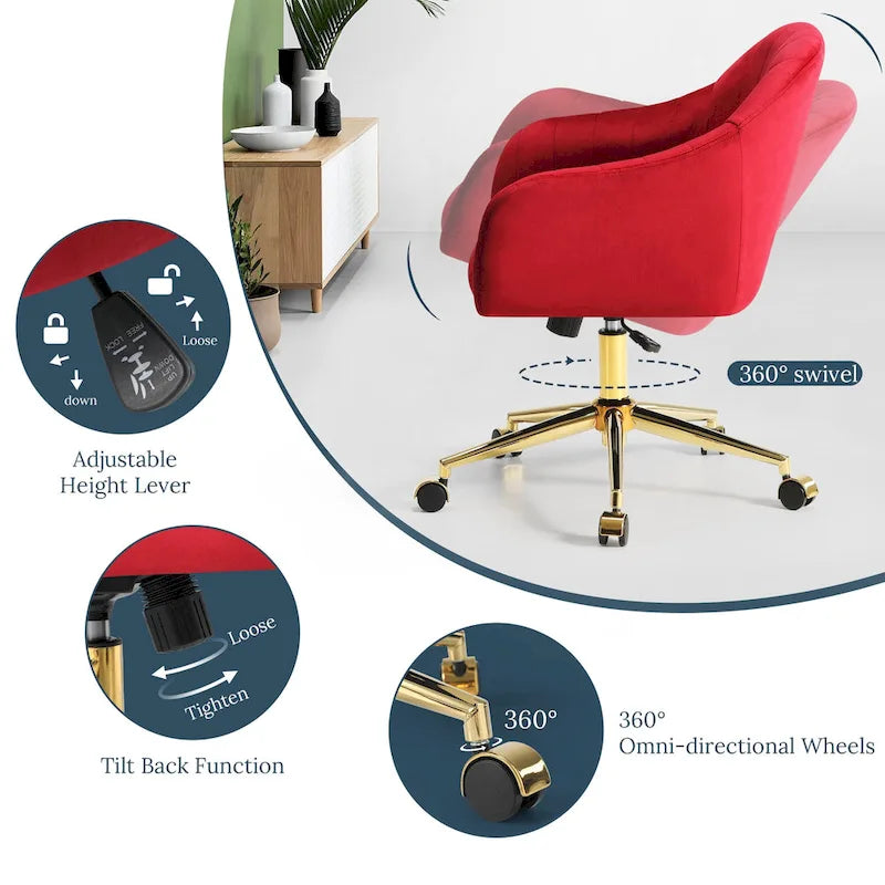 Velvet Tufted Swivel Vanity Chair with Adjustable Height and Gold Base