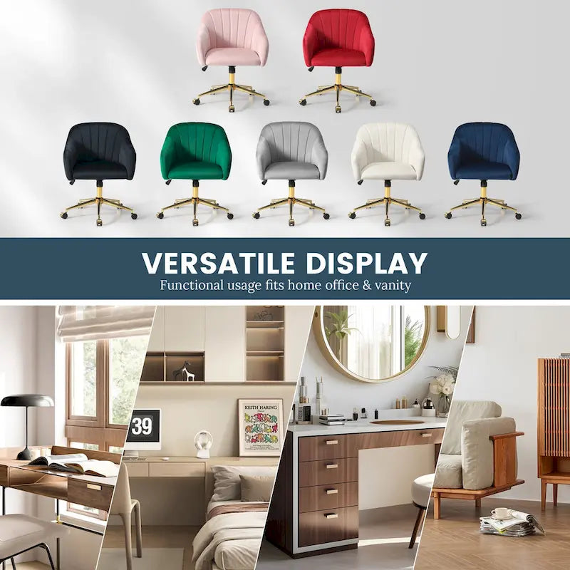 Velvet Tufted Swivel Vanity Chair with Adjustable Height and Gold Base