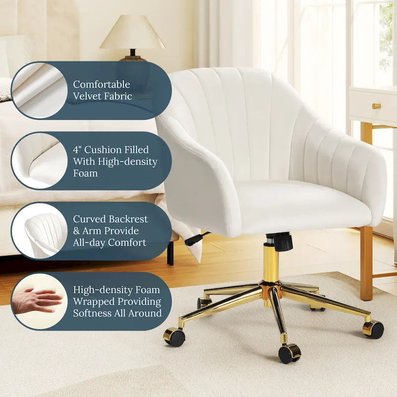 Velvet Tufted Swivel Vanity Chair with Adjustable Height and Gold Base