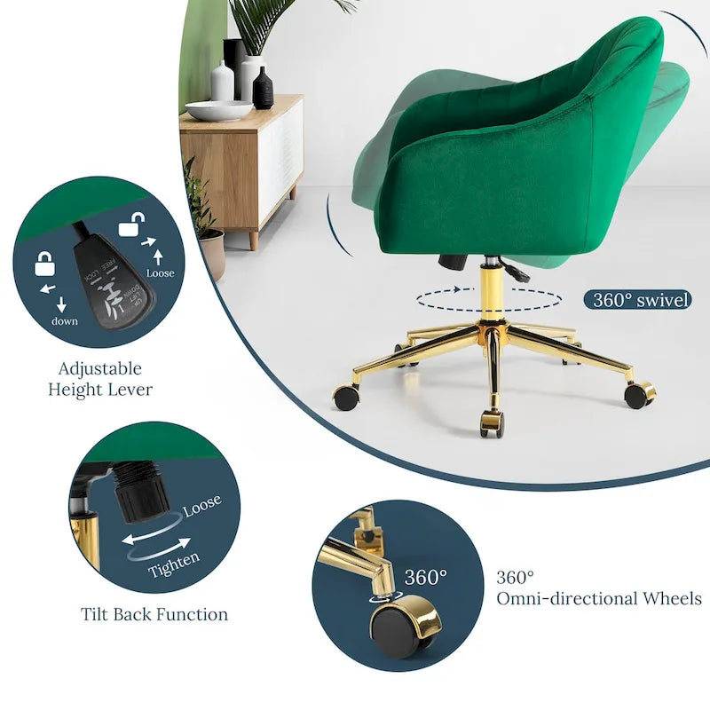 Velvet Tufted Swivel Vanity Chair with Adjustable Height and Gold Base