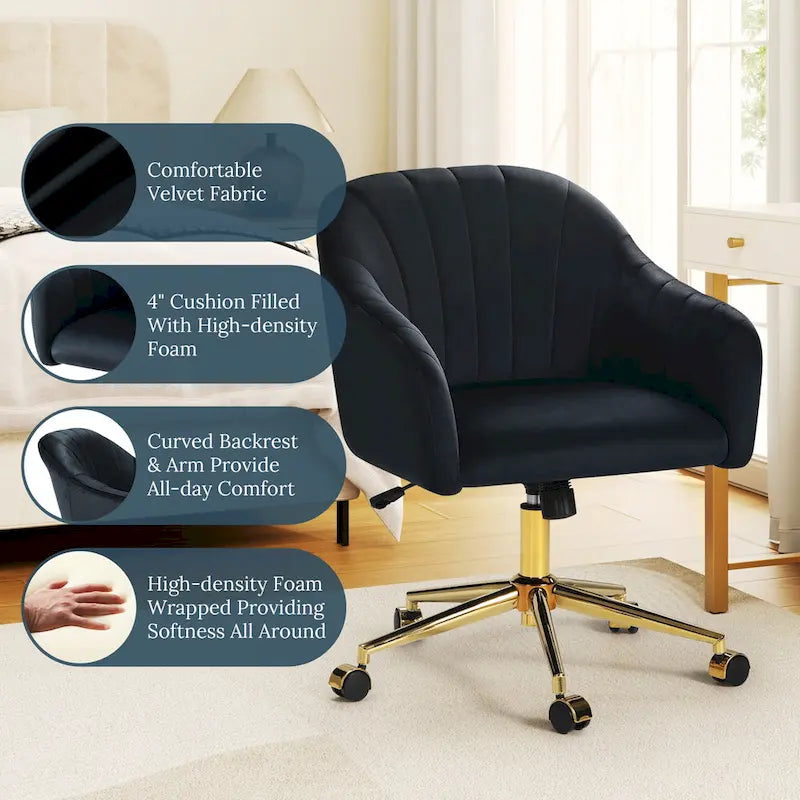 Velvet Tufted Swivel Vanity Chair with Adjustable Height and Gold Base
