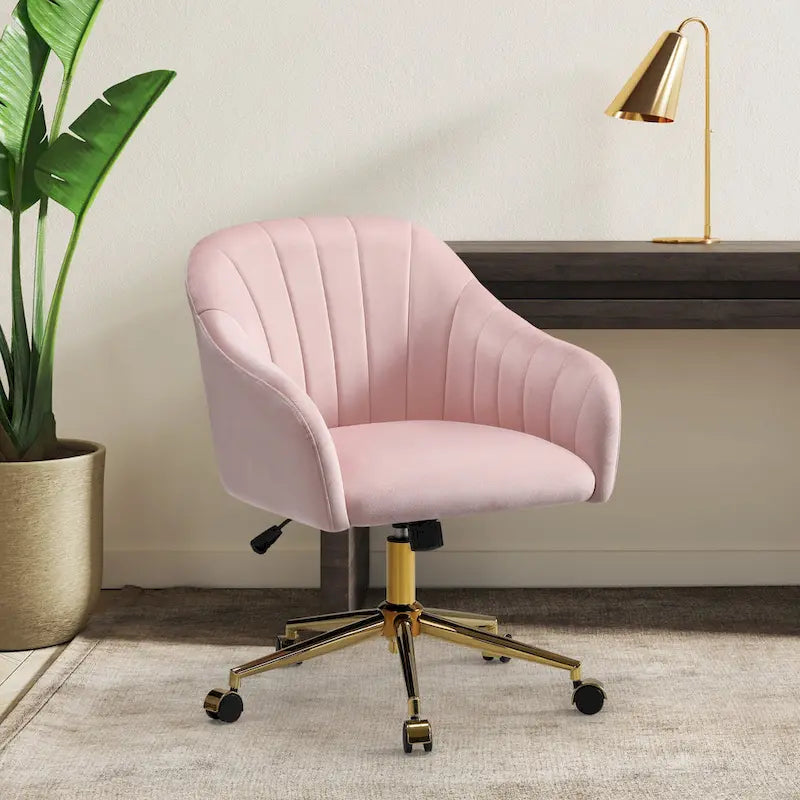 Velvet Tufted Swivel Vanity Chair with Adjustable Height and Gold Base